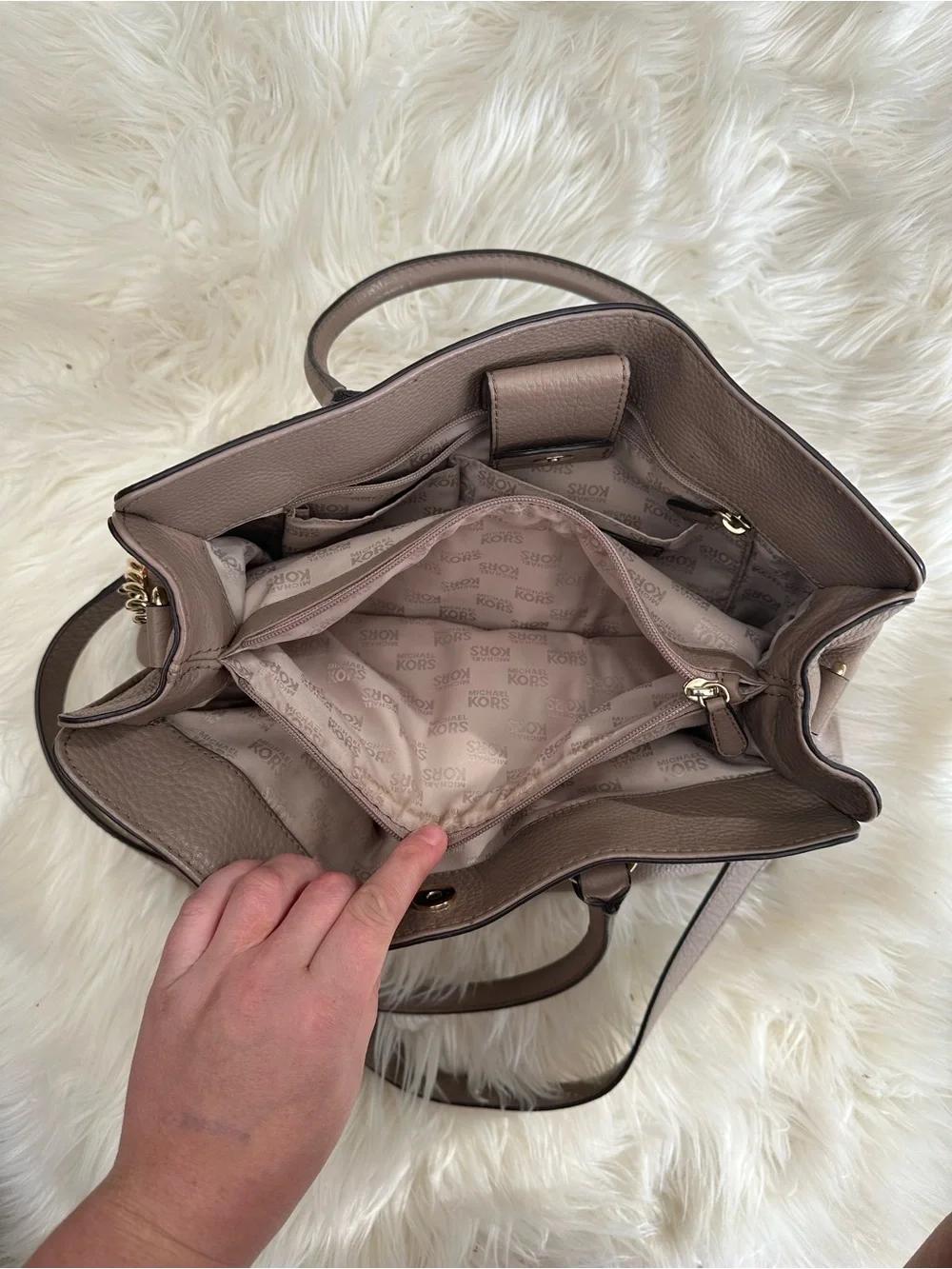 Michael Kors Pebbled Taupe Leather Satchel with Gold Hardware